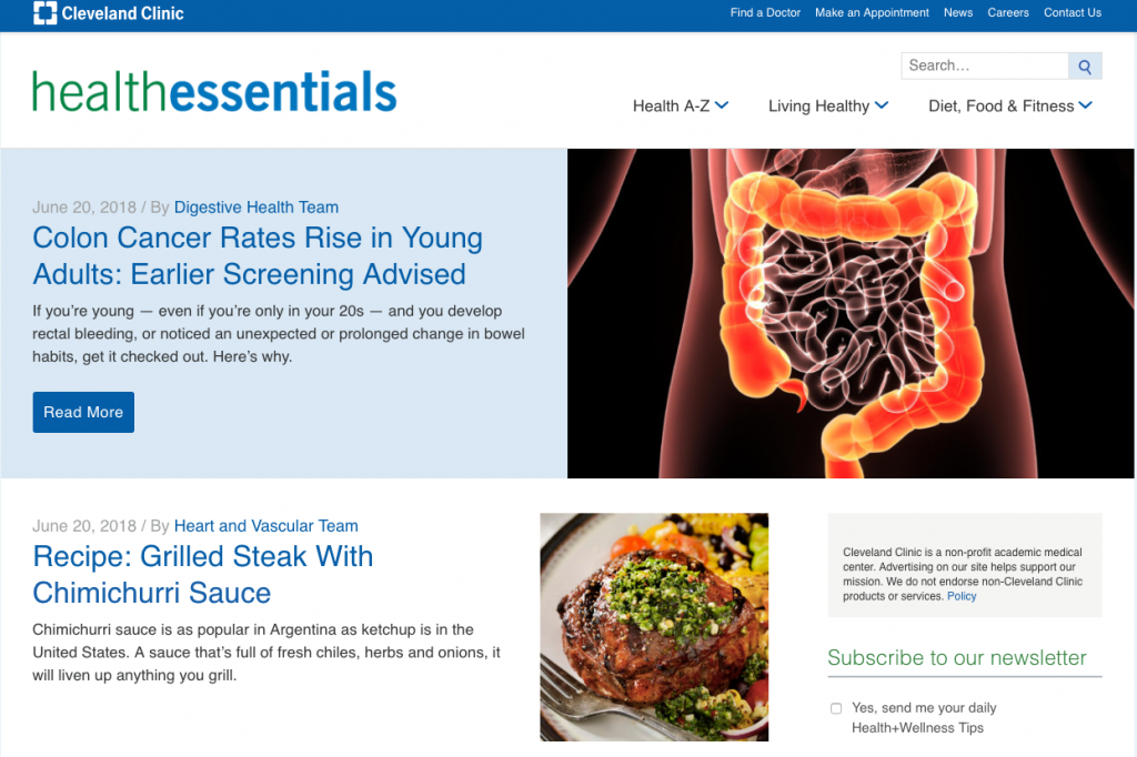 Cleveland Clinic Health Essentials Content Marketing Website Examples